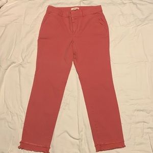 LOFT NEVER worn coral cropped coral chinos with fringe bottom